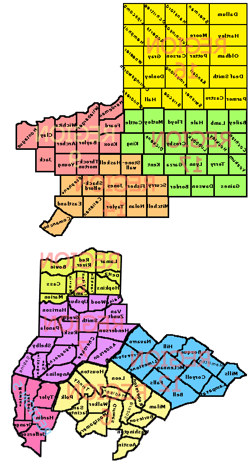 Texas Education Agency Educational Service Center Regions 5, 6, 7, 8, 9, 12, 14, 16, and 17 Maps includes counties from the Texas panhandle and Northeast Texas.