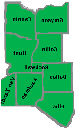 Texas Education Agency Educational Service Center Region 10 Map including Grayson, Fannin, Collin, Hunt, Rockwall, Dallas, Ellis, Kaufman, Van Zandt, and parts of Denton and Henderson counties